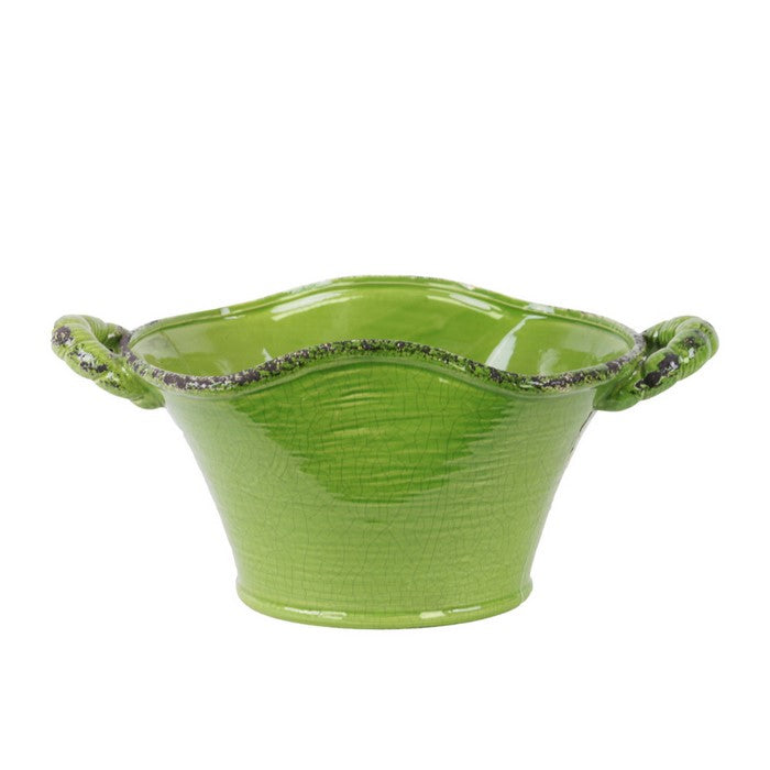 Craquelured Stadium Shaped Tuscan Pot with Handles-Small-Green-Benzara