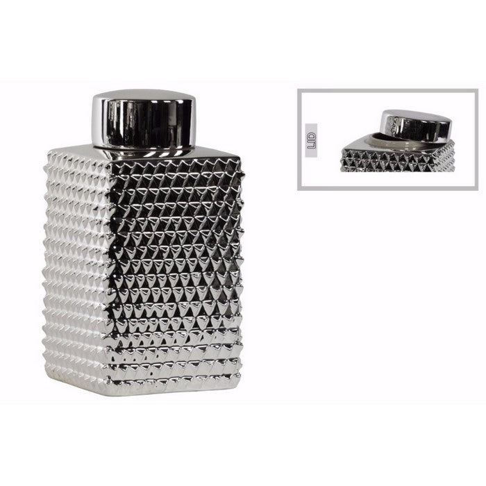 Tall Square Canister Round Lid Polygonal Design, Large-Silver-Benzara