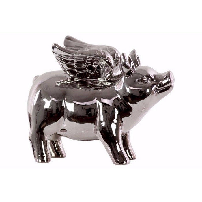 Standing Winged Pig Figurine Polished Chrome Finish-Silver-Benzara