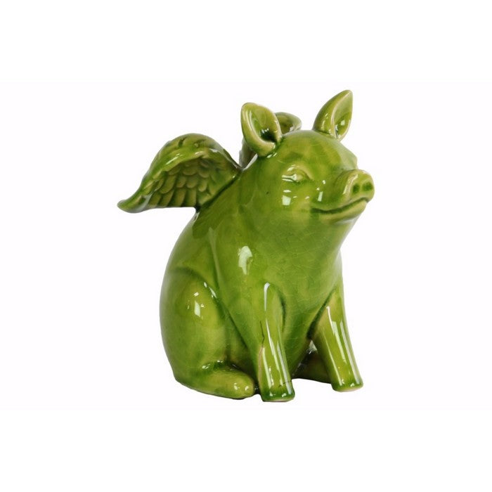 Sitting Winged Pig Figurine Gloss Finish-Green-Benzara
