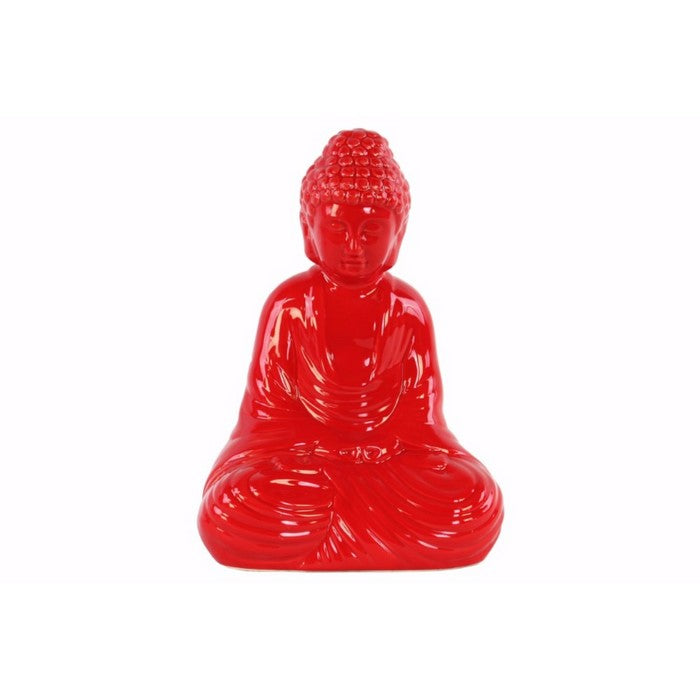 Buddha Figurine with Rounded Ushnisha in Dhyana Mudra - Red - Benzara