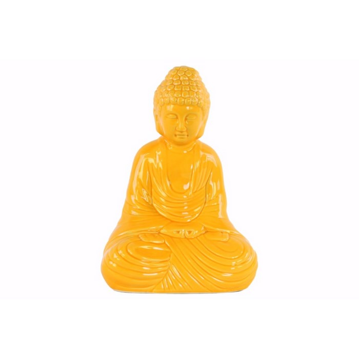 Buddha Figurine with Rounded Ushnisha in Dhyana Mudra - Yellow - Benzara