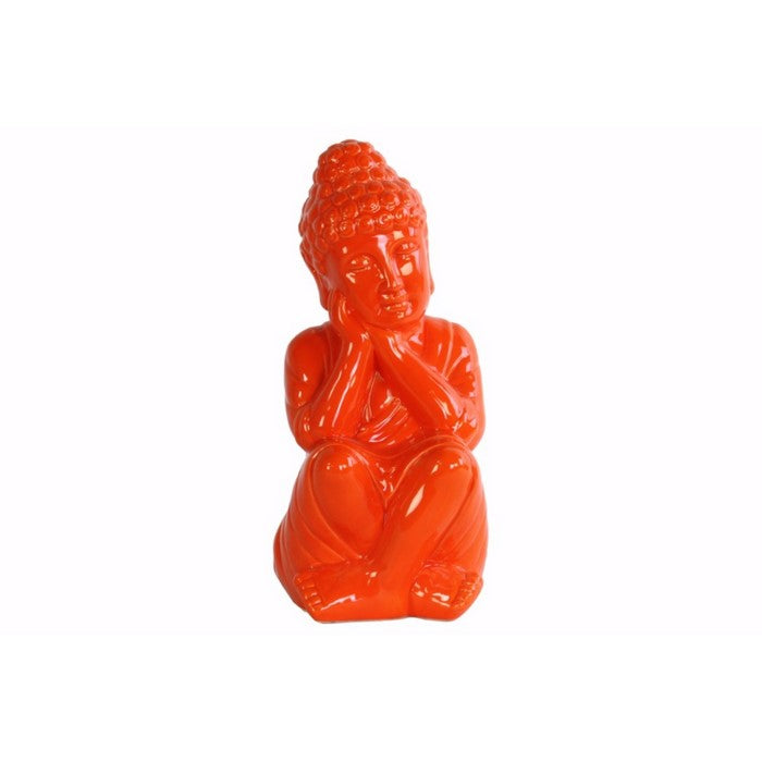Buddha Figurine with Rounded Ushnisha and Head on Hands - Orange - Benzara