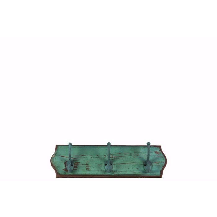 Wood Wall Hanger with 3 Double Hooks Small - Green - Benzara