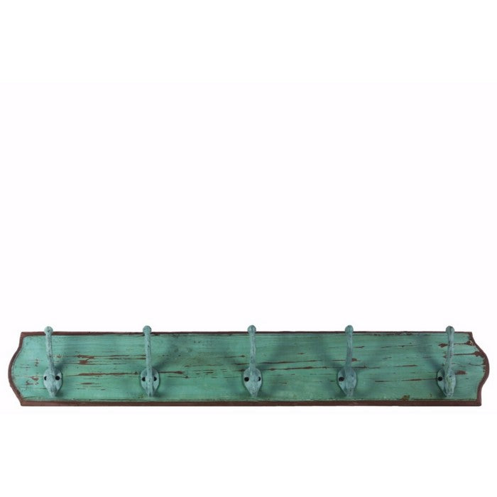 Wood Wall Hanger with 5 Double Hooks Large - Green - Benzara