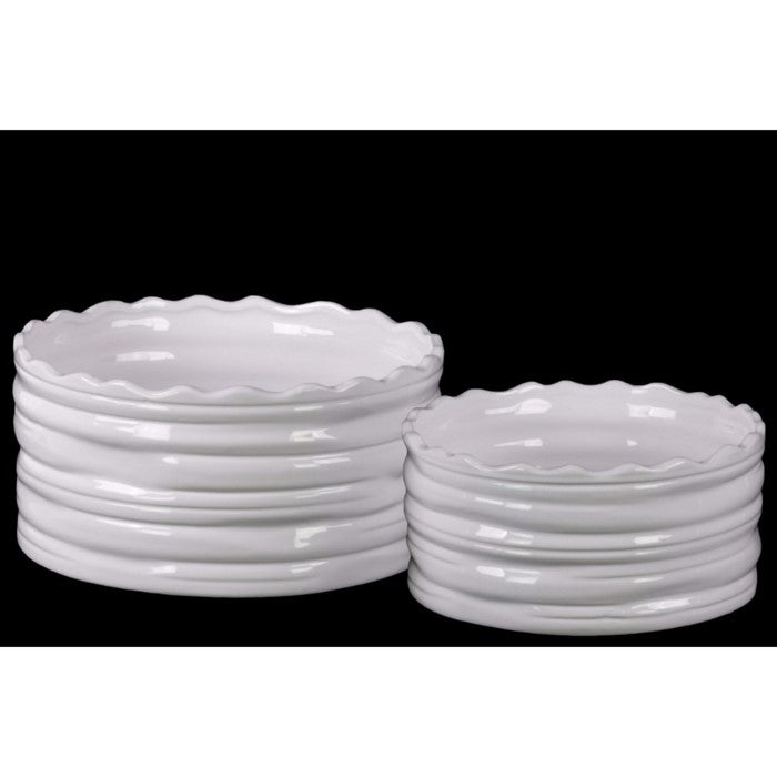 Round Flower Pot with Wave Pattern Mouth Set of Two - White - Benzara