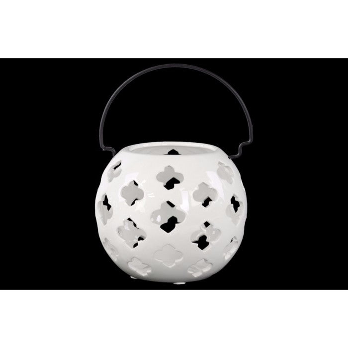 Porcelain Spherical Lantern with Cutout Design Large White - Benzara