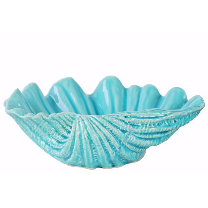Ceramic Open Valve Clam Seashell Sculpture- Blue- Benzara