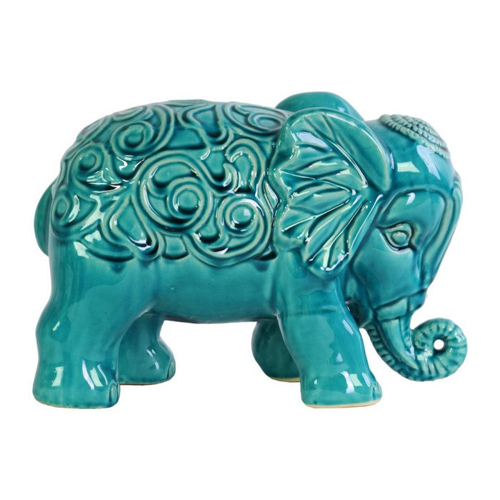 Standing Elephant Figurine with Embossed Swirl Design Blue - Benzara