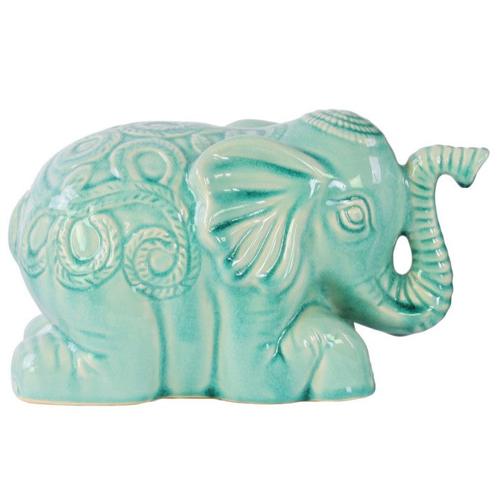 Laying Elephant Figurine with Embossed Swirl Design Light Blue  - Benzara
