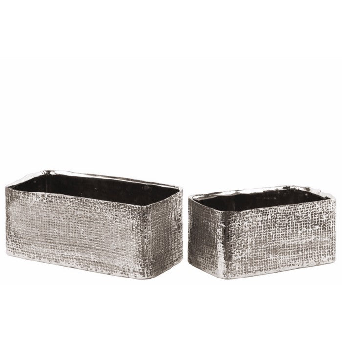 Electroplated Ceramic Rectangular Planter Set of Two- Silver- Benzara