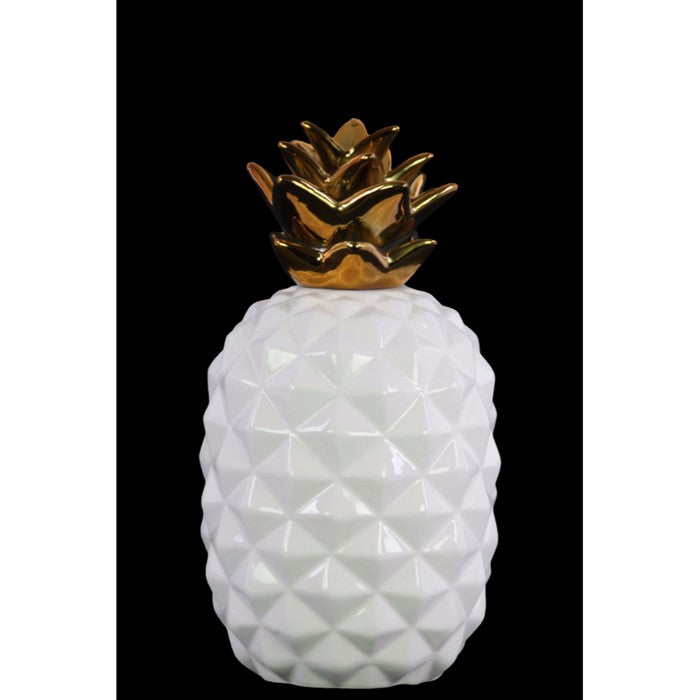Ceramic Pineapple Figurine with Gold Top- Small- White- Benzara