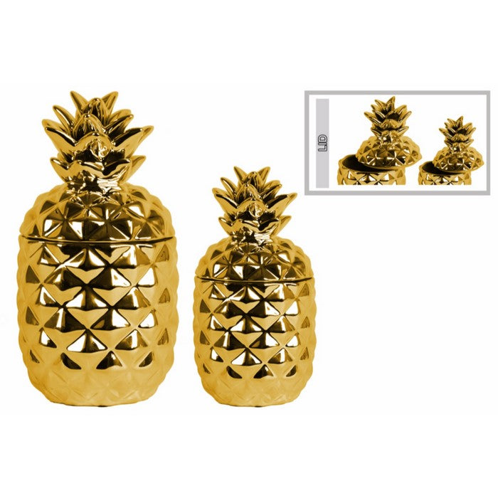 Fascinating Ceramic Pineapple Canister Set of Two- Gold- Benzara