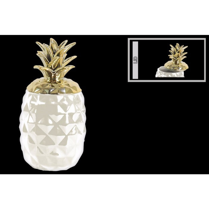 Ceramic Pineapple Canister with Gold Lid- White- Benzara