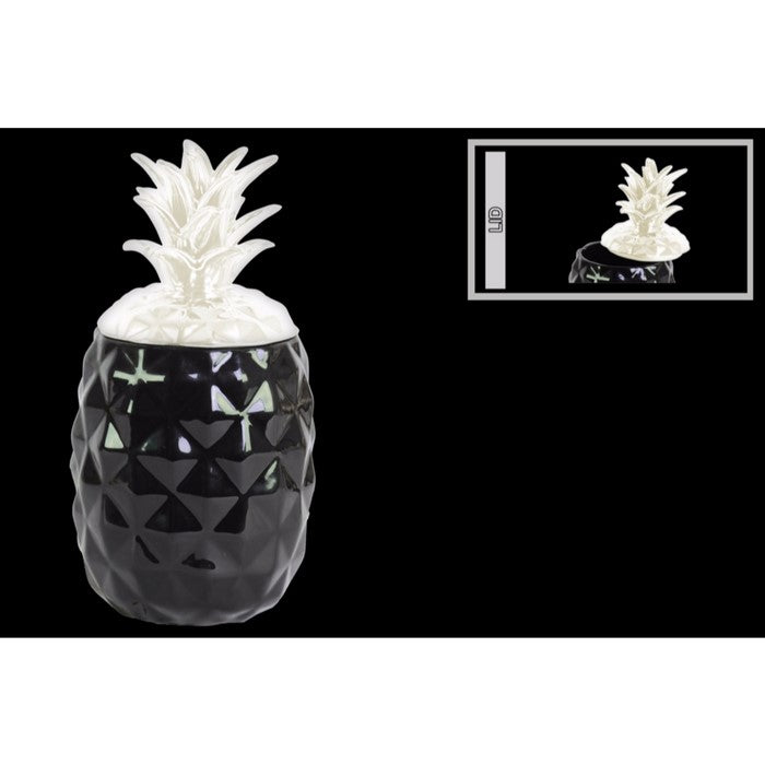 Ceramic Pineapple Canister with White Lid- Black- Benzara