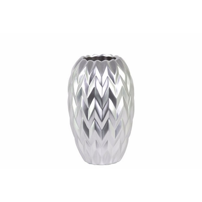 Round Vase Embossed Wave Design and Rounded Bottom- Small- Silver- Benzara