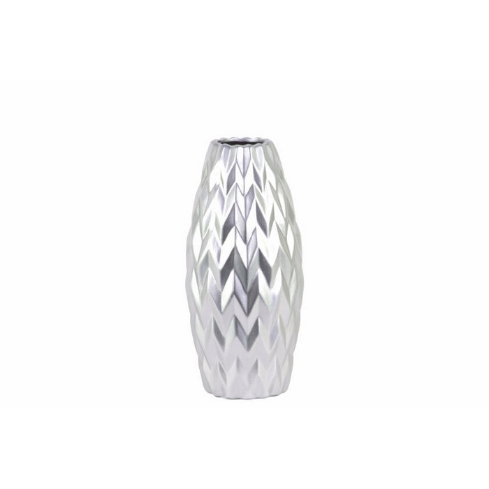 Ceramic Rounded Bellied Vase with Round Lip- Small- Silver- Benzara