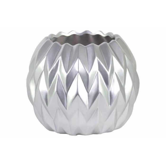 Ceramic Round Low Vase with Uneven Lip- Large- Silver- Benzara
