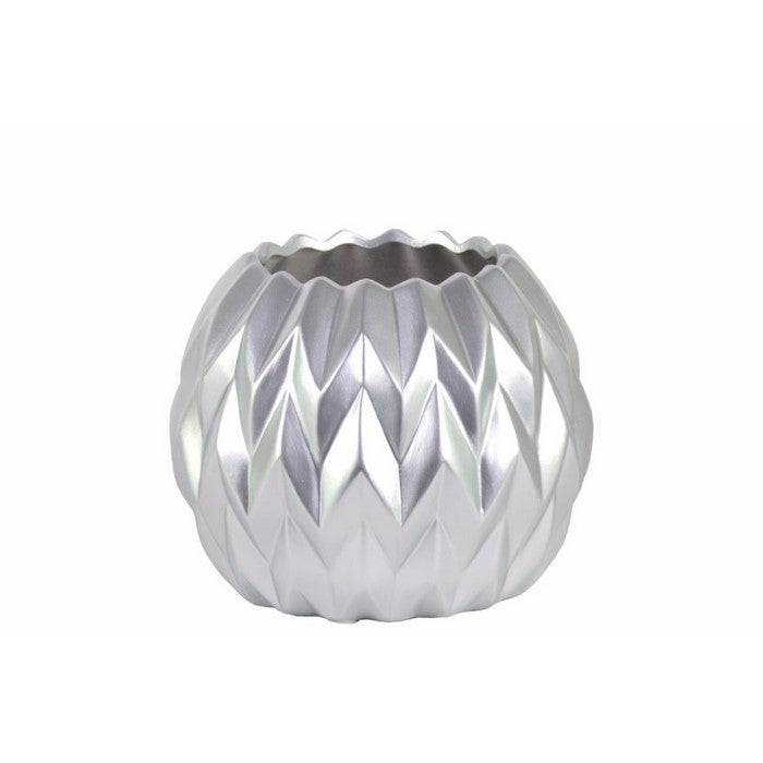 Round Low Vase with Uneven Lip, Wave Design- Small- Silver- Benzara