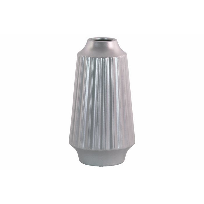 Round Vase with Round Lip Ribbed Design Body- Large- Silver- Benzara