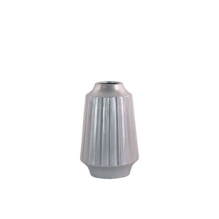 Round Vase with Round Lip Ribbed Design Body- Small- Silver- Benzara