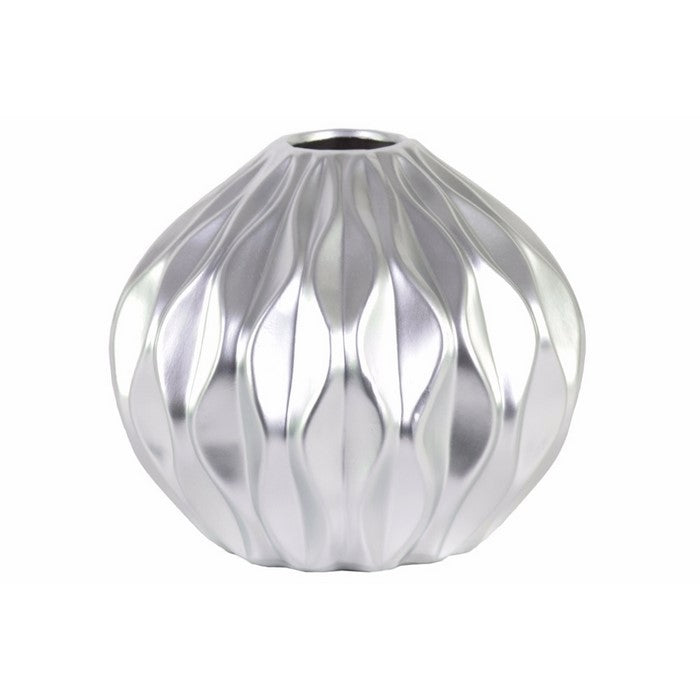 Round Low Vase with Round and Small Lip, Wave Design- Silver- Benzara