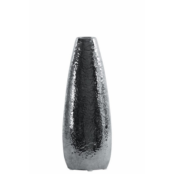 Ceramic Oval Vase with Recessed Lip and Hammered Design- Small- Silver- Benzara