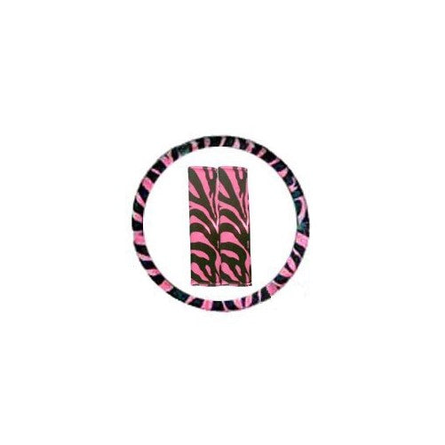 Pink Zebra Tiger Print Steering Wheel Cover and Seat Belt Pads