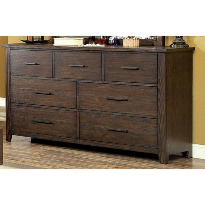 Plank Style Six Drawer Wooden Dresser with Metal Sled Legs, Brown