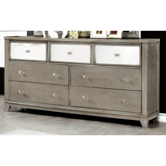 Dazzling Wooden Textured Dresser In Contemporary Style, Silver