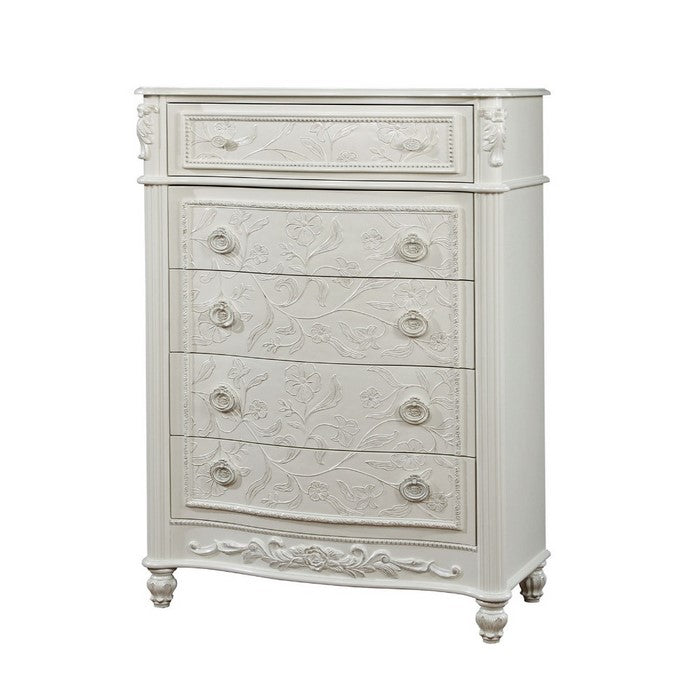 Fairy Tale Style Wooden Chest With Floral Carved Motif, White