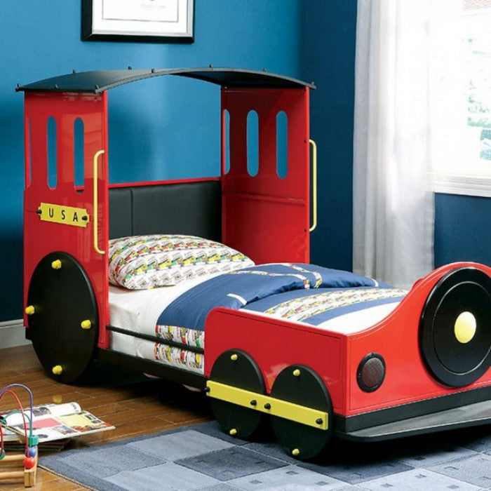 Retro Train Design Metal Twin Bed, Multicolor