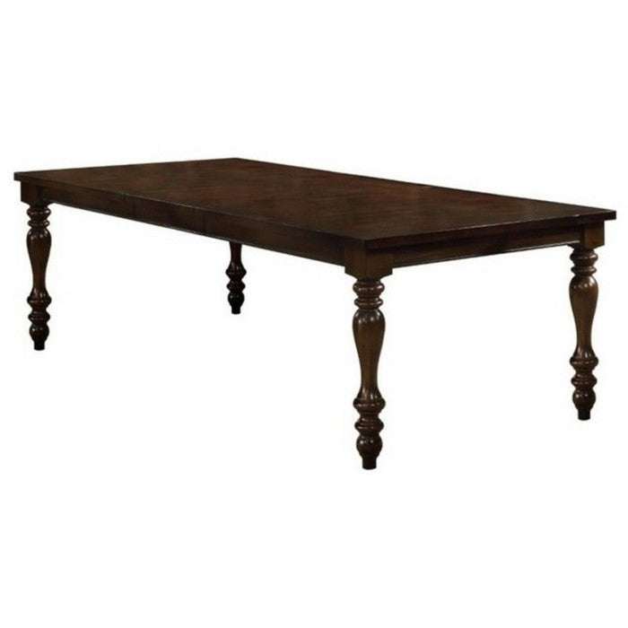Wooden Dining Table with Turned Leg Support and Extension Leaf, Brown
