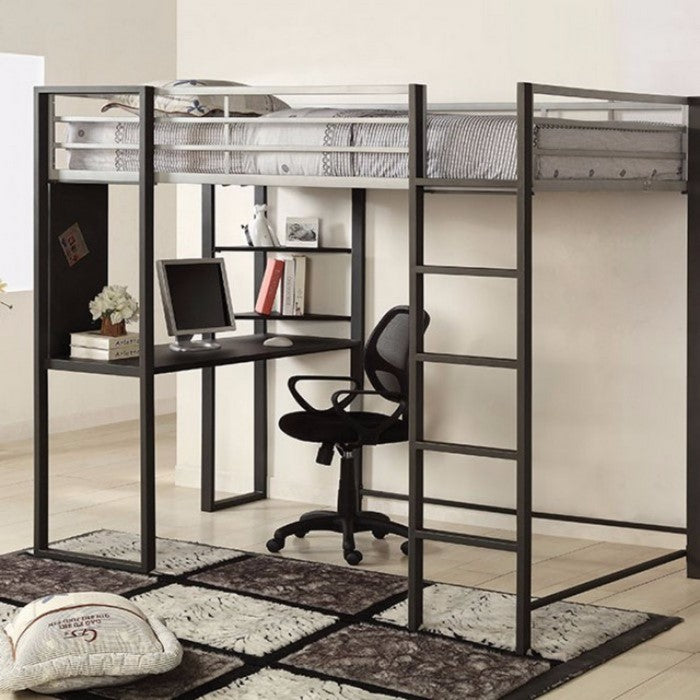 Full Size Metal Bunk Bed With Workstation, Black and Silver