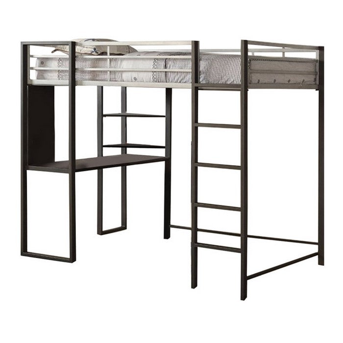 Full Size Metal Bunk Bed With Workstation, Black and Silver