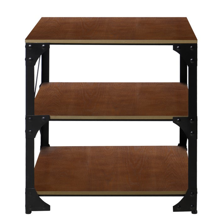 Industrial Style 3 Tier Metal Side End Table with Wooden Shelves, Brown and Bronze