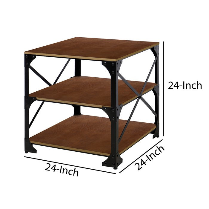 Industrial Style 3 Tier Metal Side End Table with Wooden Shelves, Brown and Bronze