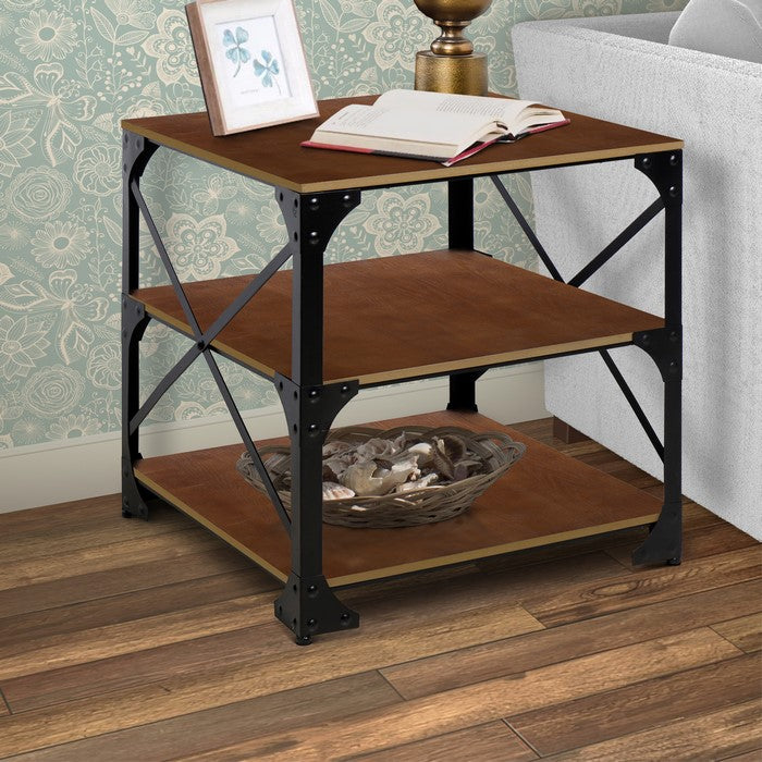 Industrial Style 3 Tier Metal Side End Table with Wooden Shelves, Brown and Bronze