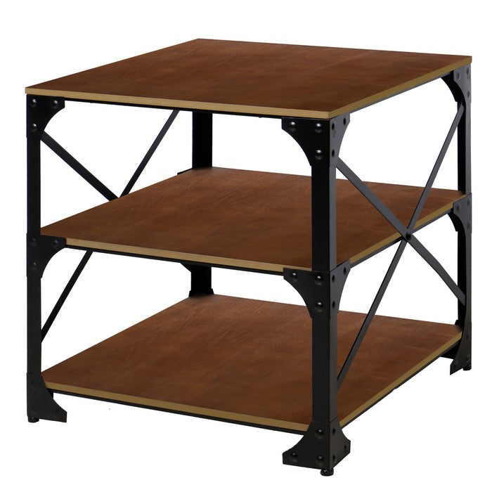 Industrial Style 3 Tier Metal Side End Table with Wooden Shelves, Brown and Bronze