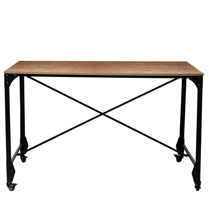 Industrial Style Home Office Desk with Rectangular Wooden Top and Metal Legs, Brown and Bronze
