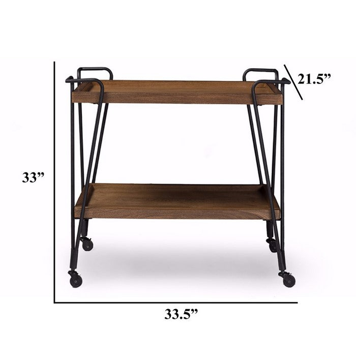 Industrial Style Ash Wood Mobile Serving Bar Cart, Brown and Black