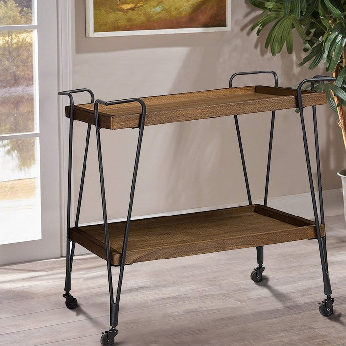 Industrial Style Ash Wood Mobile Serving Bar Cart, Brown and Black