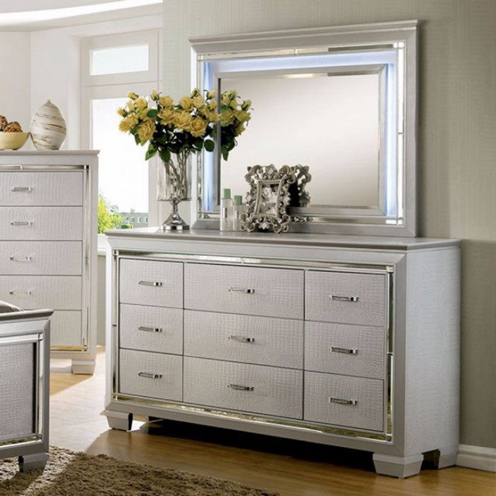 Textured Wooden Dresser with Nine Drawer, Silver