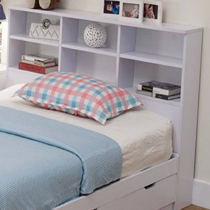 Contemporary Style Glossy White Finish Full Bookcase  Headboard With Six Shelves.