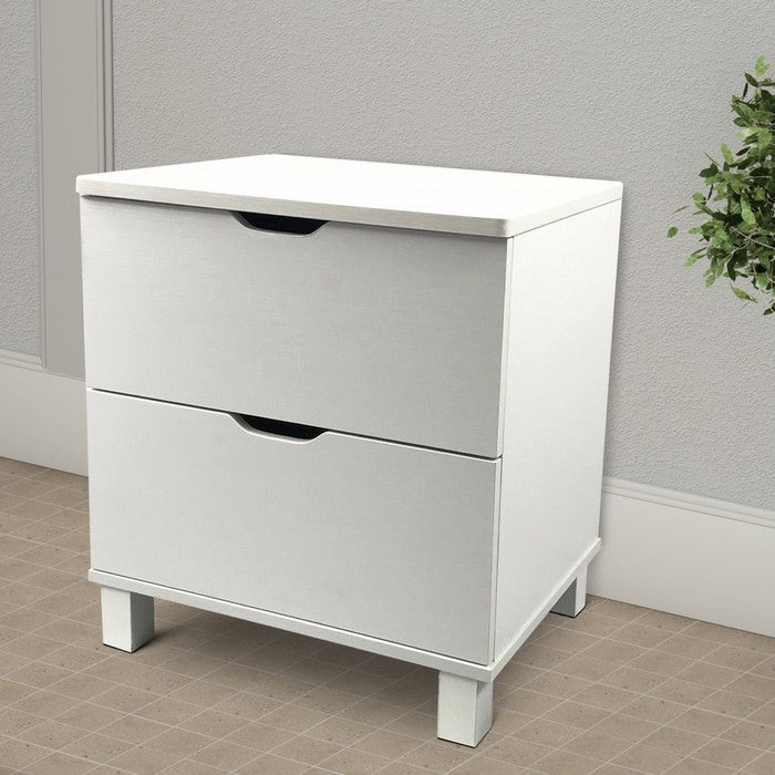 Contemporary Style White Finish Nightstand With 2 Drawers On Metal Glides.