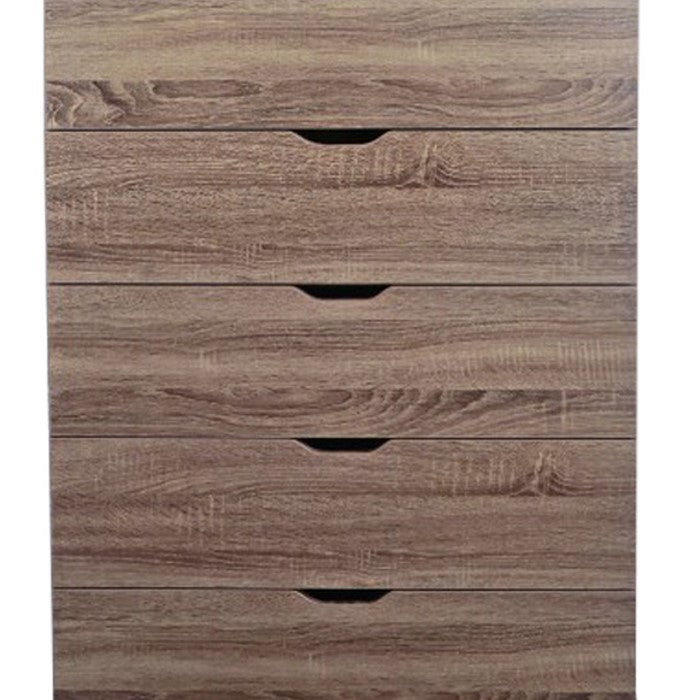 Spacious Brown Finish Chest With 5 Drawers On Metal Glides.