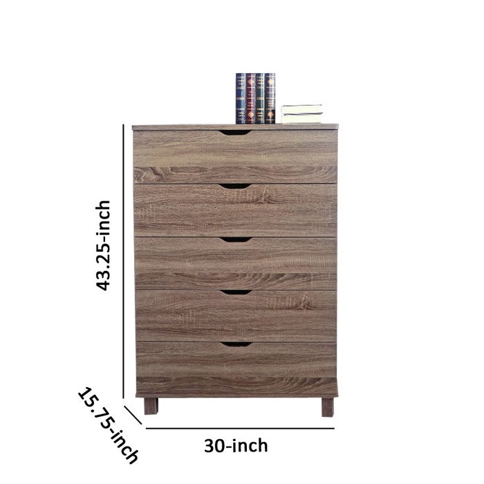 Spacious Brown Finish Chest With 5 Drawers On Metal Glides.