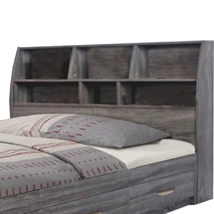 Elegant Grey Finish Full Size Bookcase Headboard With Six Shelves.