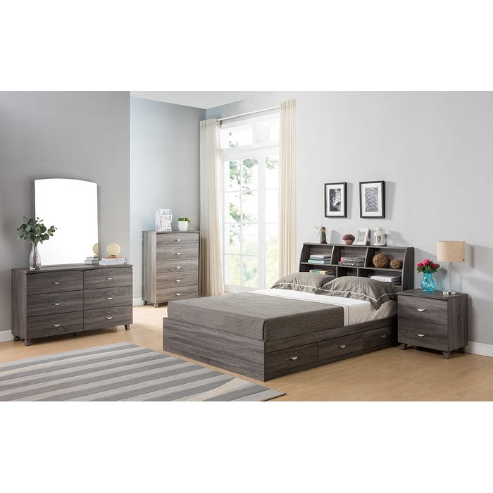 Contemporary Style Gray Finish Twin Size Bookcase Headboard With Six Shelves.