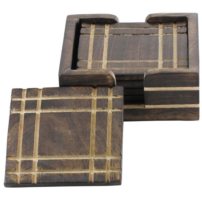 Handmade Criss Cross Design Set of 4 Square Drink Coasters With Holder By Benzara
